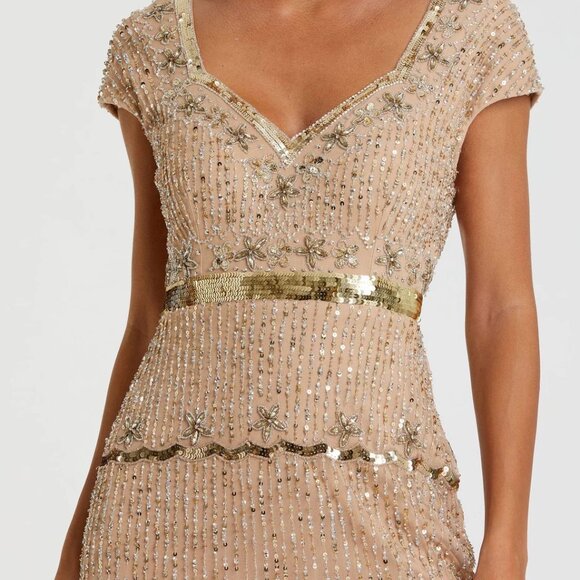 Mac Duggal Beige Cap Sleeve Sweetheart Neckline Beaded Sequin Size 12 - Picture 2 of 4